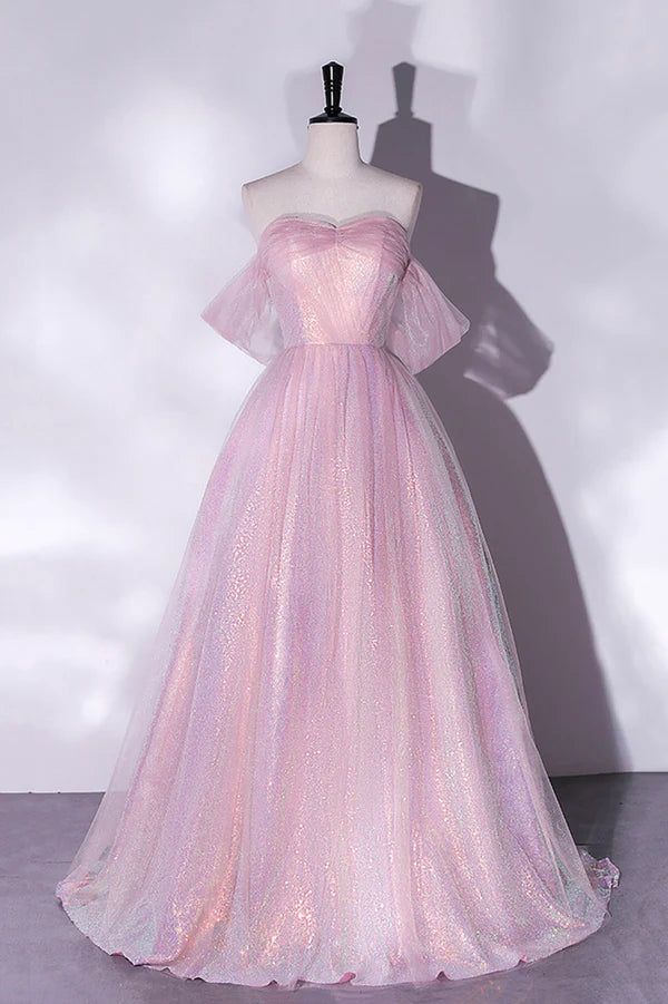 Wholesale Pink Sequins Long A-Line Prom Dress Off the Shoulder Evening Party Dress